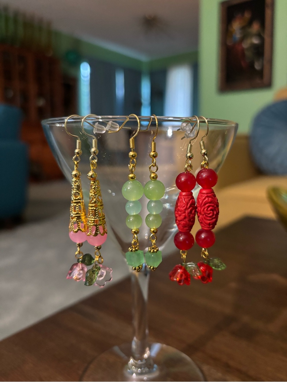Handmade Green and Red Beaded Dangle Earrings - Women Jewelry